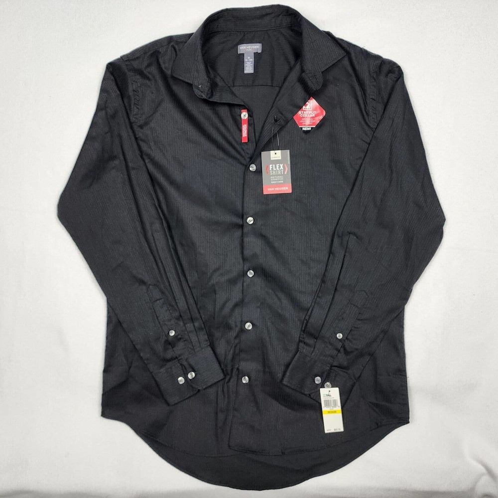✅ Van Heusen Men's Black Dress Flex Shirt Stay Put Collar Black 15-15.5 NWT